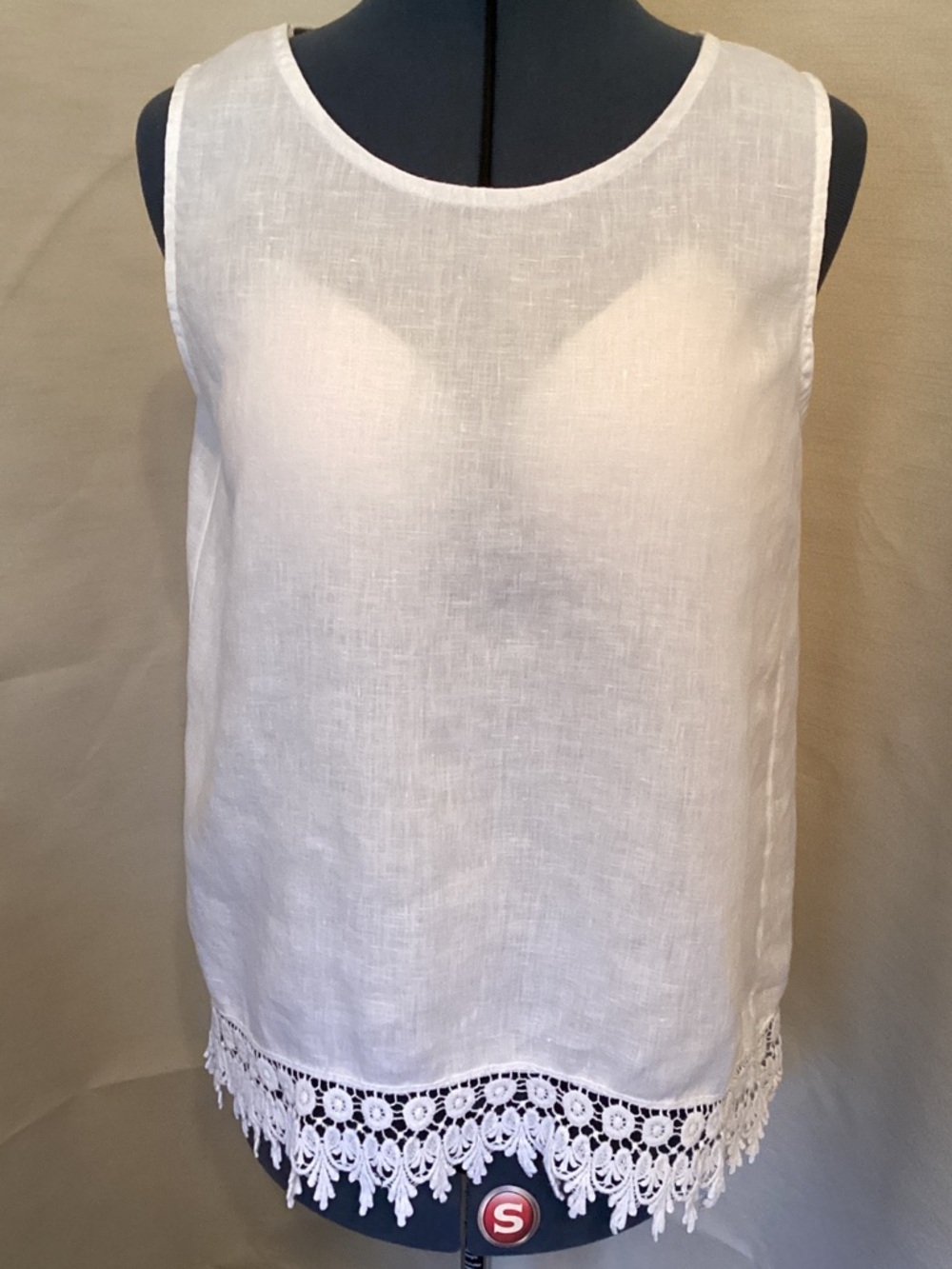 Women’s White Linen Crochet-Hem Sleeveless Top